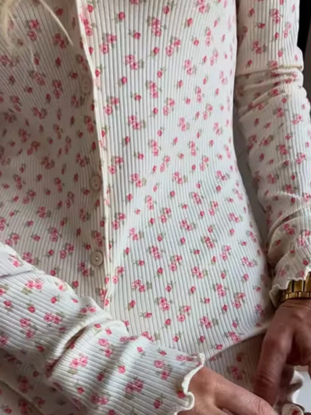 Ribbed Floral Button-Front Long-Sleeve Romper
